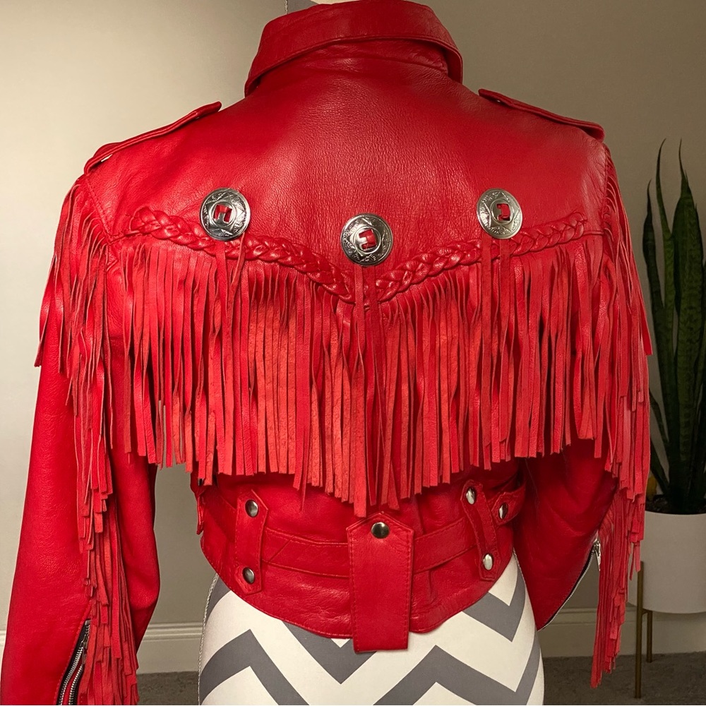 Vintage Kerr Red Leather Jacket 
•Motorcycle Jacket with Fringe
